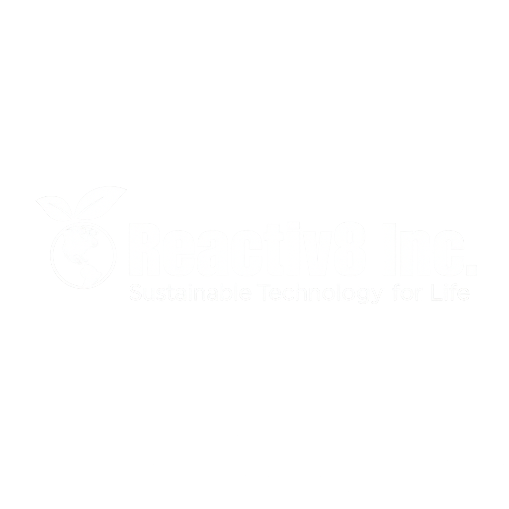Reactiv8 Inc. logo with globe and leaf symbol and sustainability tagline